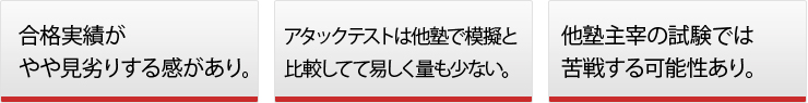 ◯合格実績がやや見劣りする感があり。◯アタックテストは他塾で模擬と比較してて易しく量も少ない。◯他塾主宰の試験では苦戦する可能性あり。