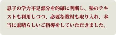 息子の学力不足部分を的確に判断し、塾のテキストも利用しつつ、必要な教材も取り入れ、本当に素晴らしいご指導をしていただきました。