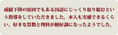 成績下降の原因でもある国語にじっくり取り組むという指導をしていただきました。本人も実感できるくらい、好きな算数と理科が絶好調になったようでした。