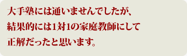 大手塾には通いませんでしたが、結果的には1対1の家庭教師にして正解だったと思います。