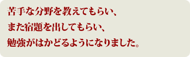 苦手な分野を教えてもらい、また宿題を出してもらい、勉強がはかどるようになりました。