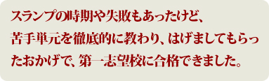 スランプの時期や失敗もあったけど、苦手単元を徹底的に教わり、はげましてもらったおかげで、第一志望校に合格できました。