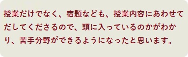 授業だけでなく、宿題なども、授業内容にあわせてだしてくださるので、頭に入っているのかがわかり、苦手分野ができるようになったと思います。